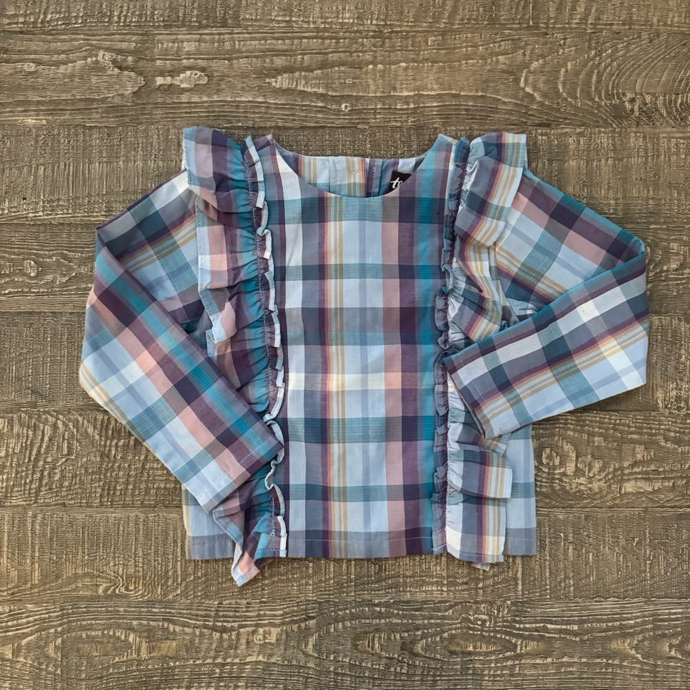 Tea Collection Plaid Ruffle Button Back Shirt Size 6 NWOT - Picture 2 of 8